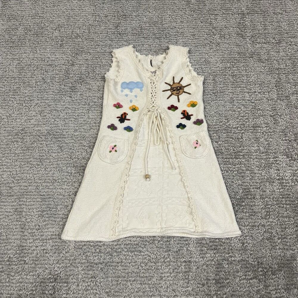 Ñusta Baby Girls Size 0 Dress Cream Knit Embroidered Animals Sun Spring Peru